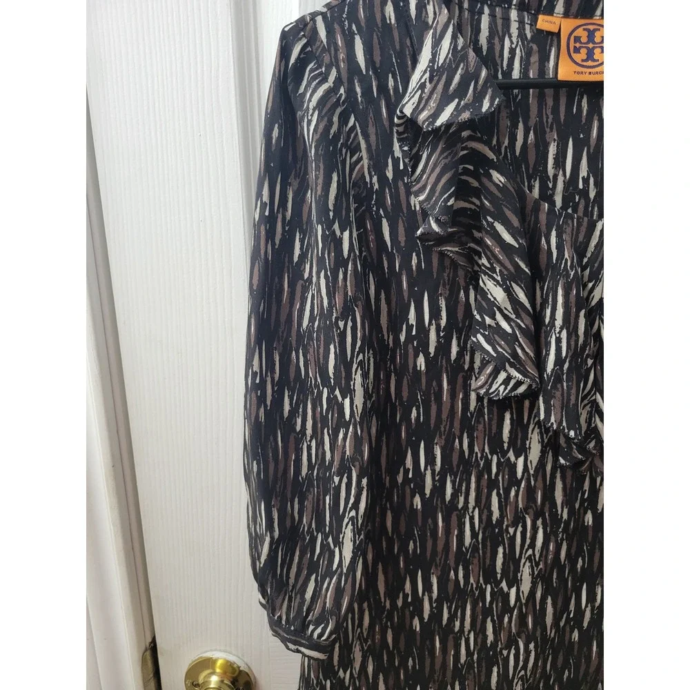 Tory Burch Silk Ruffle V-Neck Blouse 3/4 Sleeve Abstract Print Black Brown Sz 8